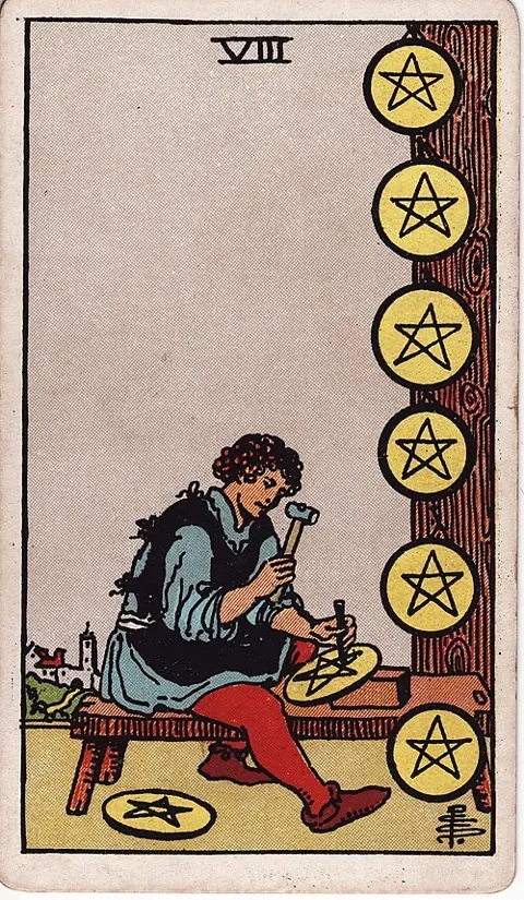 Eight of Pentacles, Rider–Waite–Smith tarot (1909)
