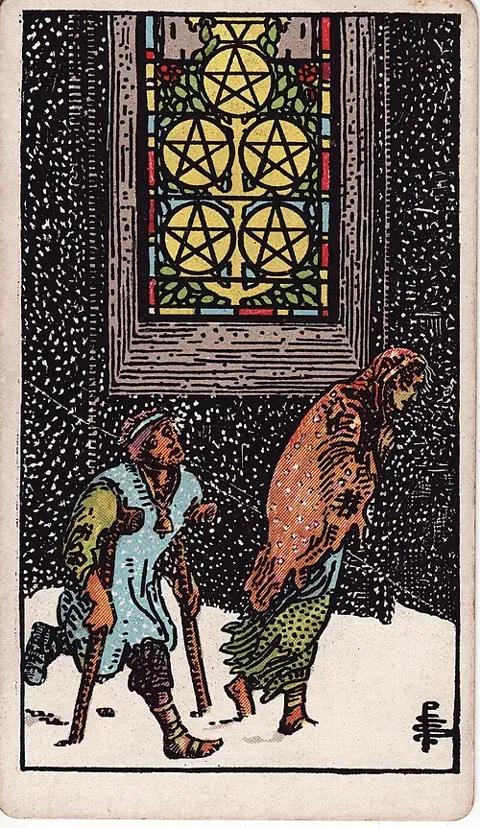 Five of Pentacles, Rider–Waite–Smith tarot (1909)