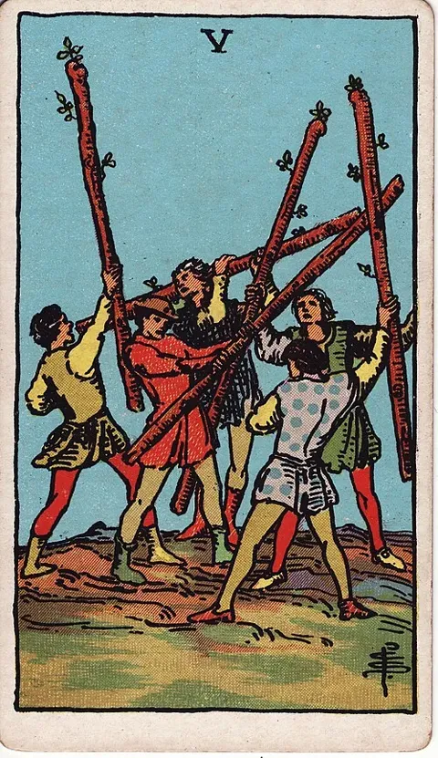 Five of Wands, Rider–Waite–Smith tarot (1909)