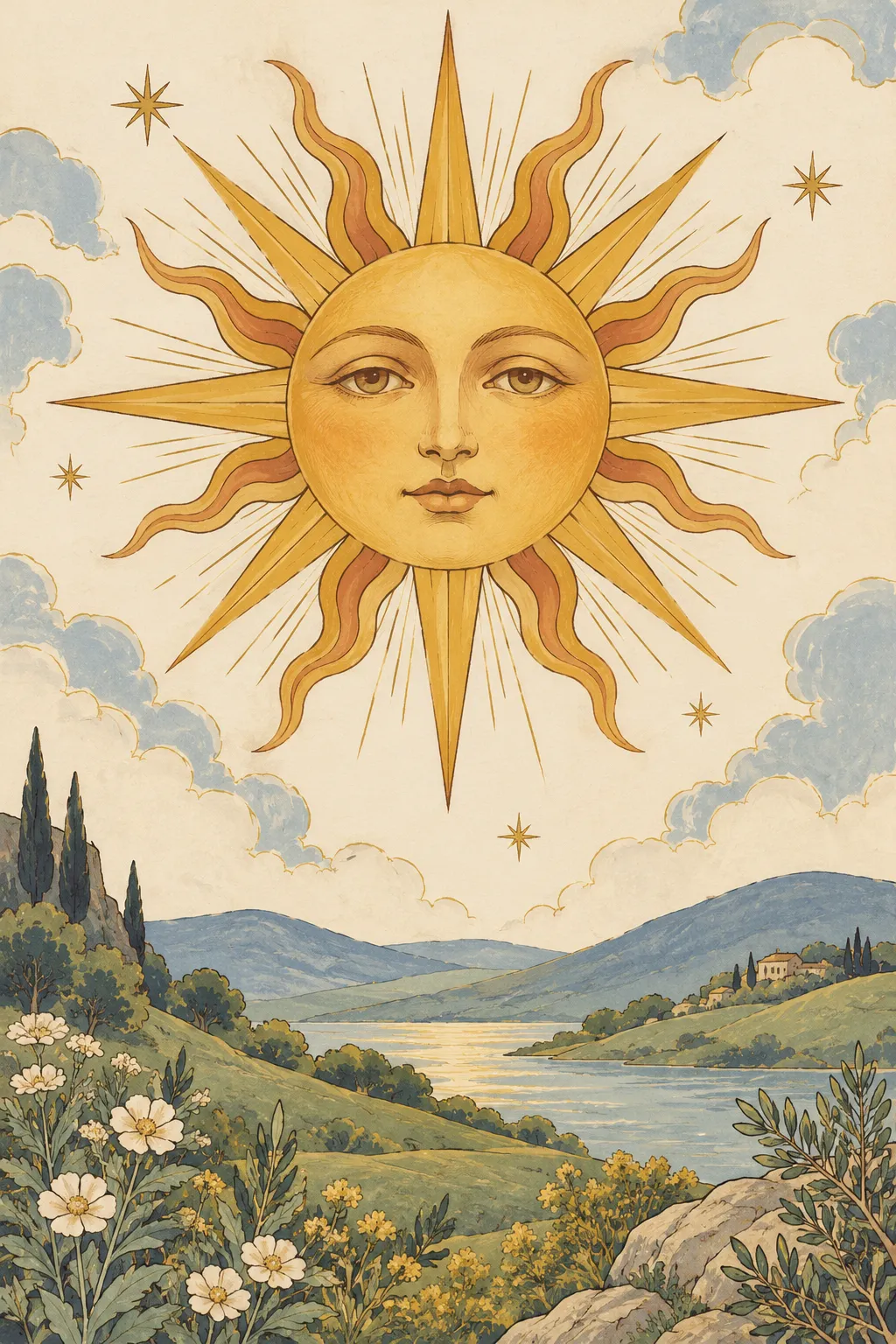 A sun with a serene face above hills and a lake