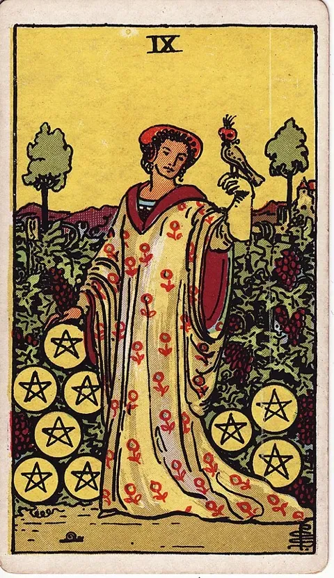 Nine of Pentacles, Rider–Waite–Smith tarot (1909)