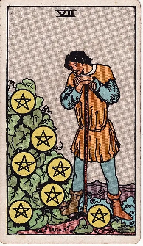 Seven of Pentacles, Rider–Waite–Smith tarot (1909)