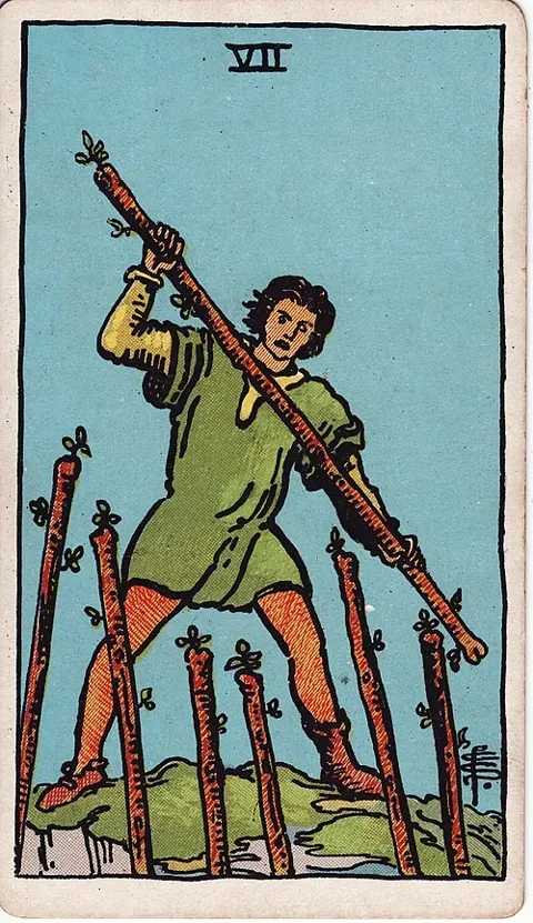 Seven of Wands, Rider–Waite–Smith tarot (1909)