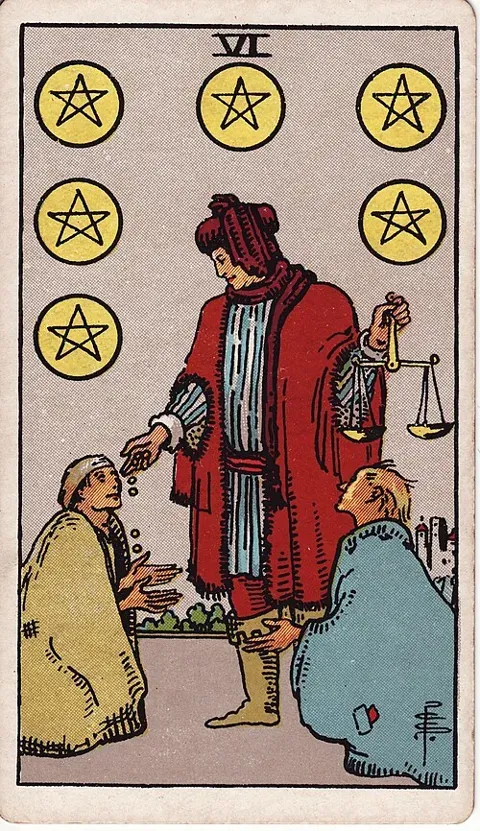 Six of Pentacles, Rider–Waite–Smith tarot (1909)