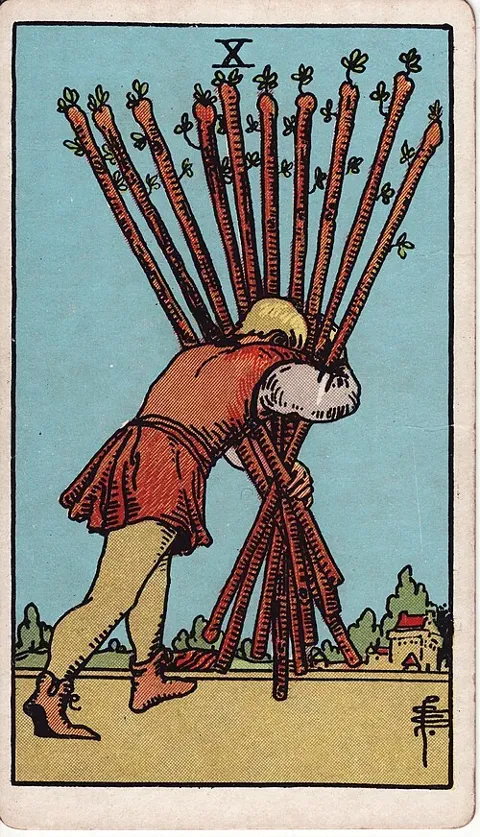 Ten of Wands, Rider–Waite–Smith tarot (1909)