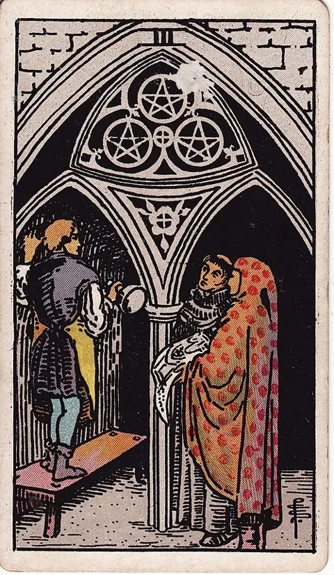 Three of Pentacles, Rider–Waite–Smith tarot (1909)